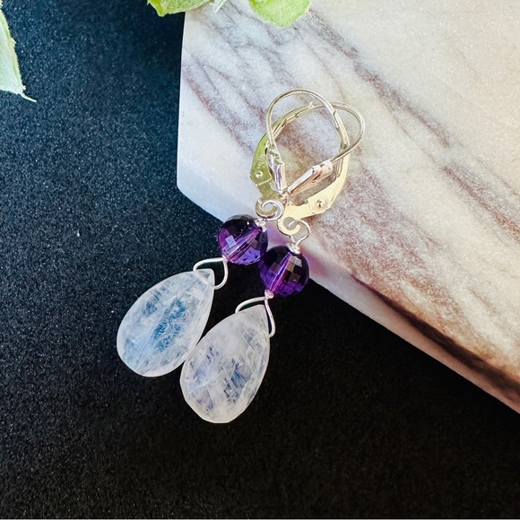 Moonstone and Amethyst Earrings Sterling Silver Lever Back Dangle - Picture 4 of 10